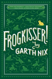 book cover for frogkisser by garth nix. A pattern of light green frogs over dark green.