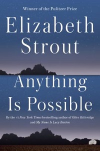 book cover for anything is possible by elizabeth strout. The silhouette of a forest against a darkening dusk sky
