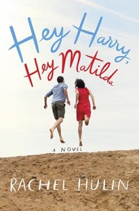 book cover for hey harry hey matilda by rachel hulin. Two people jumping in the air on a beach.