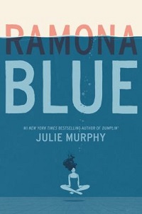 book cover for ramona blue by julie murphy: a young girl sitting with her legs crossed sits at the bottom of a blue pool.