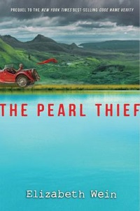 book cover for the pearl thief by elizabeth wein: a red car with a red scarf flying behind it drives next to a blue lake, with valleys and mountains in the background.