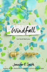 book cover for windfall by jennifer e. smith: two small gold figures-- a bear and an alligator--sit surrounded by confetti in shades of blue and green against a mint green background.