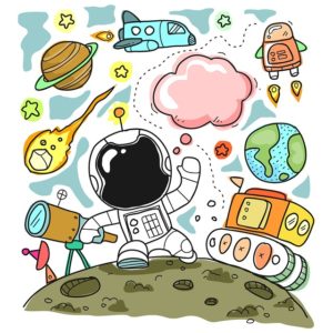 graphic Illustration of child in astronaut suit standing on moon-like surface with a thought bubble. A ring of space-themed images surrounds the character (telescope, meteor, space shuttle, ringed planet, robot with jet propulsion, Earth, moon rover