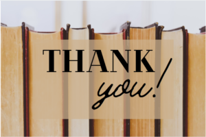 Image of books with the words "thank you" printed on them.